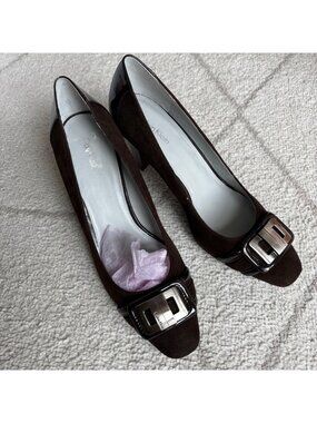 Calvin Klein Brown Suede & Patent Leather Buckle Heels Square Toe Pumps